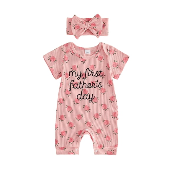 BemeyourBBs Newborn Baby Girl My First Fathers Day Outfit Baby Girl Summer Clothes Ribbed Romper Letter Embroidery Rose Print Short Sleeve Jumpsuit and Bow Headband 2Pcs Set