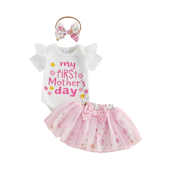 BemeyourBBs Newborn Baby Girl My First Mothers Day Outfits Letter Print Round Neck Short Sleeve Romper Floral Tulle Tutu Skirts Set Headband 3Pcs Infant Girl Spring Summer Clothes