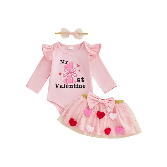 BemeyourBBs Newborn Baby Girl First Valentines Day Outfit Long Sleeve Letter Romper Heart Tulle Tutu Skirt Set Bow Headband 3 Pcs Spring Clothes Set