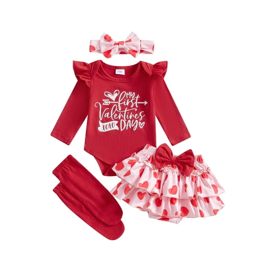 BemeyourBBs Newborn Baby Girl My First Valentines Day Outfit Long Sleeve Letters Heart Printed Romper with Ruffle Skort Skirt Set Headband and Stockings 4Pcs Spring Clothes