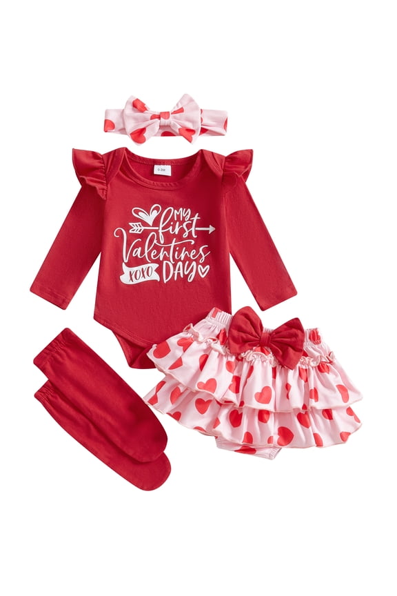Newborn Baby Girl My First Valentines Day Outfit Long Sleeve Letters Heart Printed Romper with Ruffle Skort Skirt Set Headband and Stockings 4Pcs Spring Clothes
