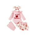 thumbnail image 1 of BemeyourBBs Newborn Baby Girl My First Valentines Day Outfit Long Sleeve Letters Heart Printed Romper Ruffle Skort Skirt Set Headband and Stockings 4Pcs Spring Clothes, 1 of 9