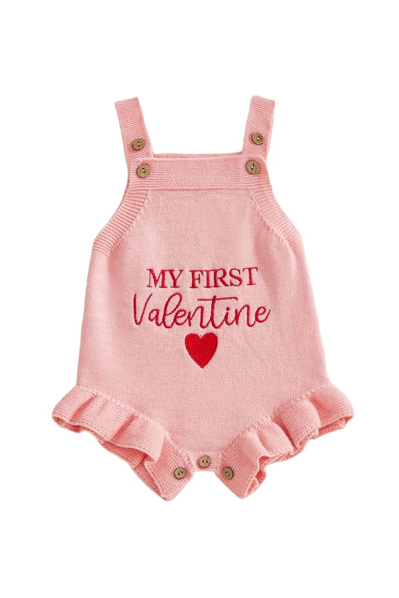 Newborn Baby Girl My First Valentines Outfit Knit Romper Overall Sleeveless Square Neck Cute Heart Letters Embroidery Knit Bodysuit Spring Clothes