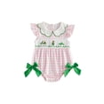 thumbnail image 1 of BemeyourBBs Newborn Baby Girl Golf Outfit Smocked Bubble Romper Ruffle Short Sleeve Plaid Print Bodysuit Playsuit with Bow Cute Infant Girls Summer Clothes, 1 of 9