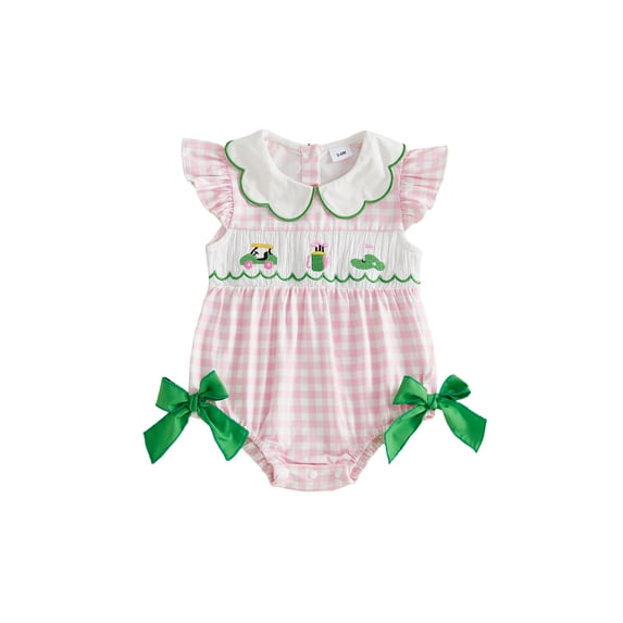 BemeyourBBs Newborn Baby Girl Golf Outfit Smocked Bubble Romper Ruffle Short Sleeve Plaid Print Bodysuit Playsuit with Bow Cute Infant Girls Summer Clothes
