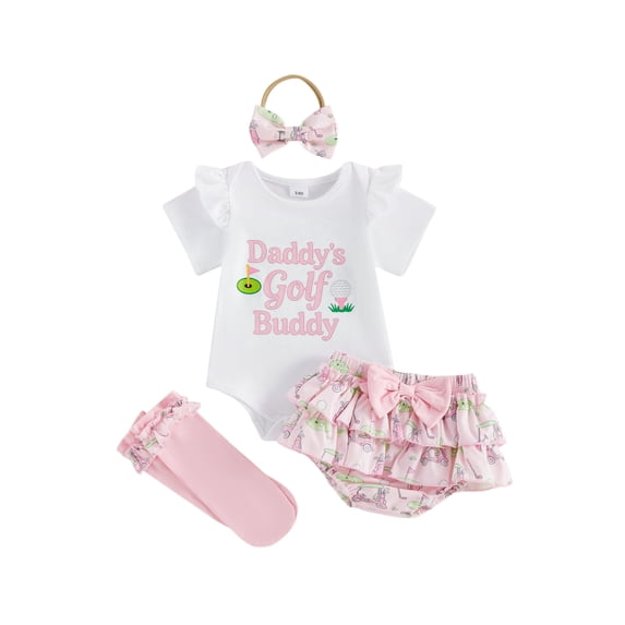 BemeyourBBs Newborn Baby Girl Golf Outfits Infant Baby Girls Summer Clothes Daddy's Little Golf Buddy Letters Print Short Sleeve Romper Tiered Ruffled Shorts Skirt Set Headband Long Socks