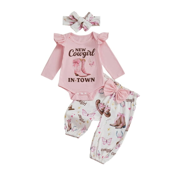 BemeyourBBs Newborn Baby Girl It's Alright To Be Little Bitty Outfits Western Cowgirl Clothes Letter Long Sleeve Romper Pants Headband Set