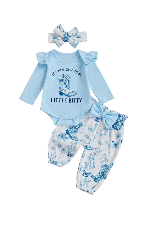 Newborn Baby Girl It's Alright To Be Little Bitty Outfits Western Cowgirl Clothes Letter Long Sleeve Romper Pants Headband Set