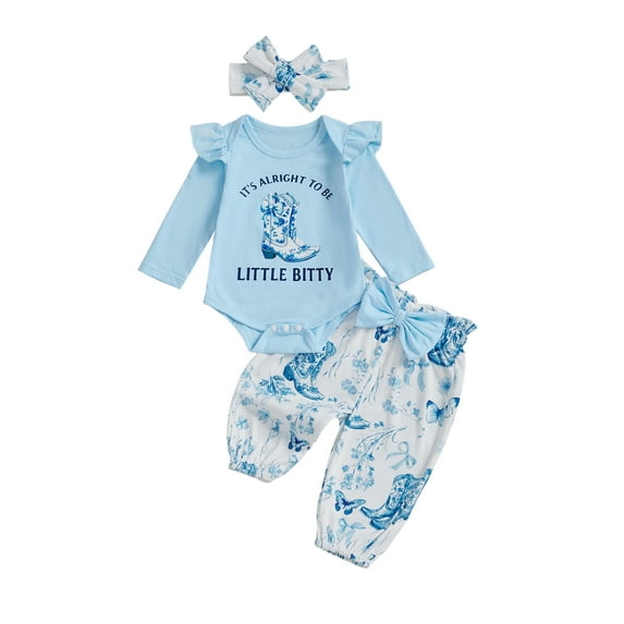 BemeyourBBs Newborn Baby Girl It's Alright To Be Little Bitty Outfits Western Cowgirl Clothes Letter Long Sleeve Romper Pants Headband Set