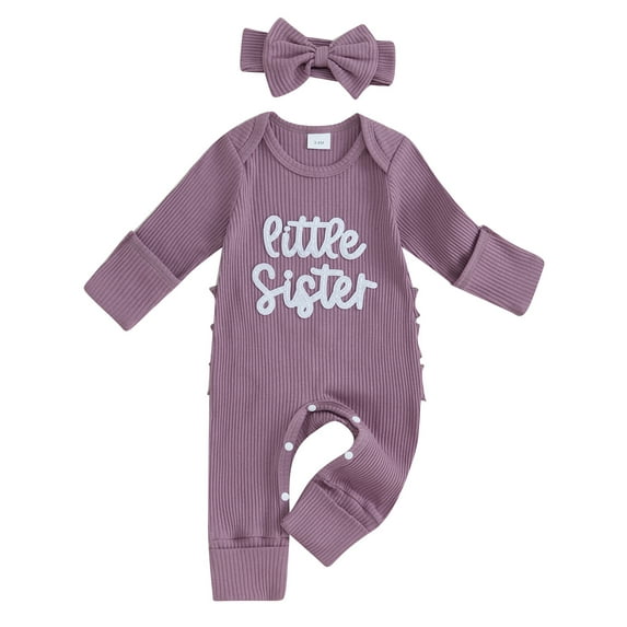 BemeyourBBs Newborn Baby Girl Lilttle Sister Outfit Lil Sis Romper Long Sleeve Embroidery Letters Jumpsuit with Headband Cute Infant Spring Fall Winter Clothes