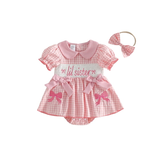BemeyourBBs Newborn Baby Girl Little Sister Dress Outfit Summer Clothes Plaid Bow Embroidered Short Sleeve Doll Collar Romper Dress and Headband 2 Piece Set