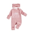 thumbnail image 1 of BemeyourBBs Newborn Baby Girl Little Sister Outfit Letter Embroidered Romper Jumpsuit and Headband 2 Pcs Clothes Set, 1 of 9