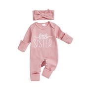 BemeyourBBs Newborn Baby Girl Little Sister Outfit Letter Embroidered Romper Jumpsuit and Headband 2 Pcs Clothes Set