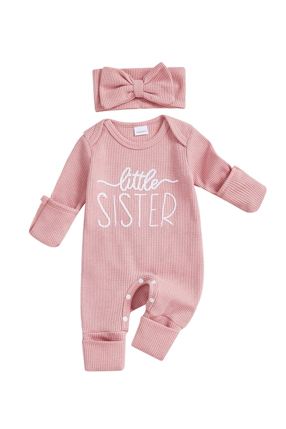 Newborn Baby Girl Little Sister Outfit Letter Embroidered Romper Jumpsuit and Headband 2 Pcs Clothes Set
