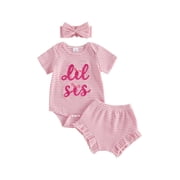 BemeyourBBs Newborn Baby Girl Little Sister Outfits Infant Girls Summer Clothes Striped Bow Letter Embroidered Short Sleeve Romper Tops Ruffled Shorts Set Headband