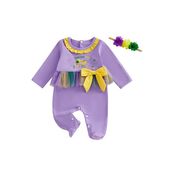 BemeyourBBs Newborn Baby Girl Mardi Gras Outfit Footed Romper Spring Fall Winter Carnival Clothes They Found Me In A King Cake Long Sleeve Ruffle Collar Letter Footied Embroidery Jumpsuit Headband