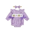 thumbnail image 1 of BemeyourBBs Newborn Baby Girl Mardi Gras Outfit They Found Me In A King Cake Bubble Romper Spring Summer Carnival Clothes Bow Front Ruffle Long Sleeve Bodysuit Headband, 1 of 8