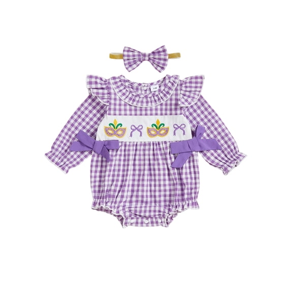 BemeyourBBs Newborn Baby Girl Mardi Gras Outfit They Found Me In A King Cake Bubble Romper Spring Summer Carnival Clothes Bow Front Ruffle Long Sleeve Bodysuit Headband