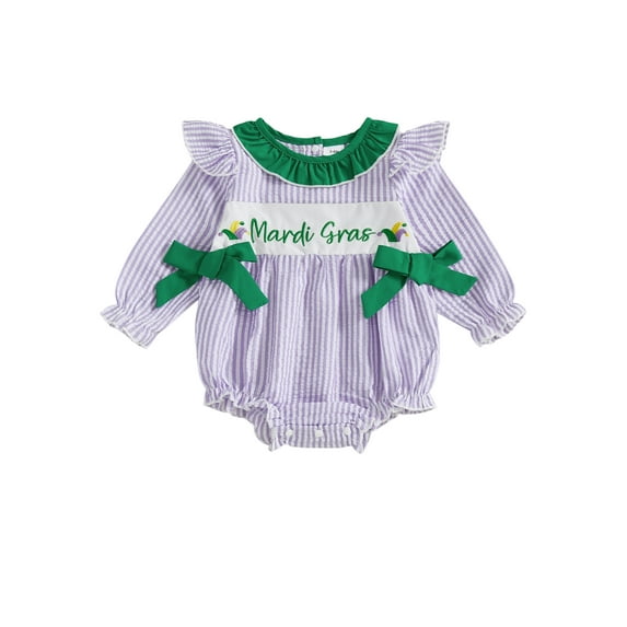 BemeyourBBs Newborn Baby Girl Mardi Gras Outfit Striped Plaid Bubble Romper Spring Summer Carnival Clothes Bow Front Ruffle Long Sleeve Bodysuit