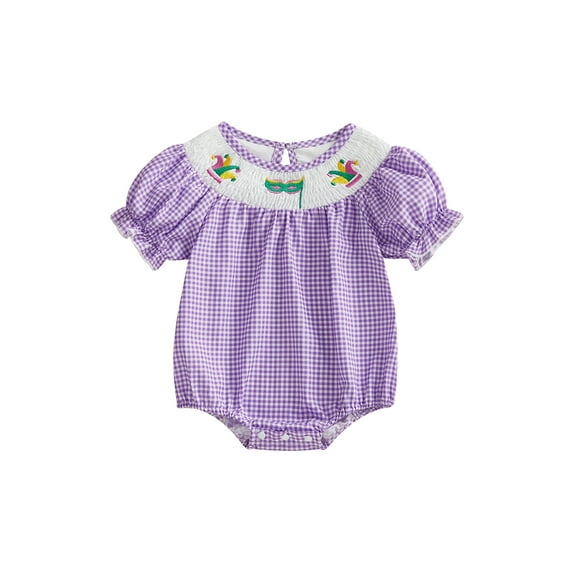 BemeyourBBs Newborn Baby Girl Mardi Gras Outfits Smocked Bubble Romper Gingham Plaid Jester Hat Embroidered Short Sleeve Bodysuit Casual Summer Spring Clothes