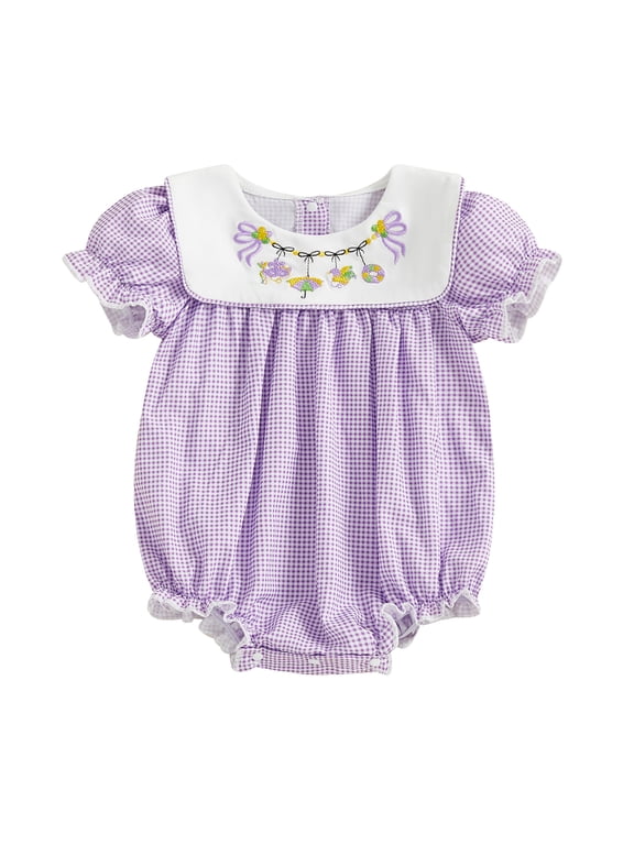 Newborn Baby Girl Mardi Gras Outfits Smocked Bubble Romper Gingham Plaid Jester Hat Embroidered Short Sleeve Bodysuit Casual Summer Spring Clothes