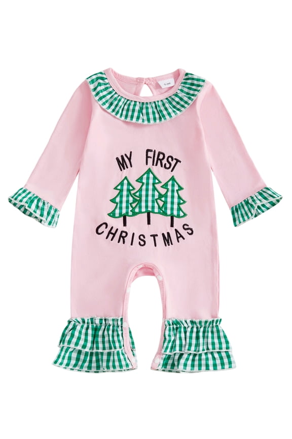 Newborn Baby Girl My 1st Christmas Outfits Xmas Romper Long Sleeve Plaid Print Ruffle Jumpsuit