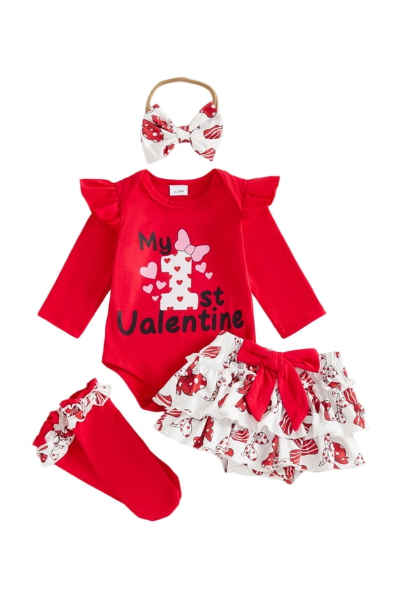 Newborn Baby Girl My First Valentines Day Outfit Newborn Spring Clothes Letters Romper Shorts Headband Socks 4Pcs Set