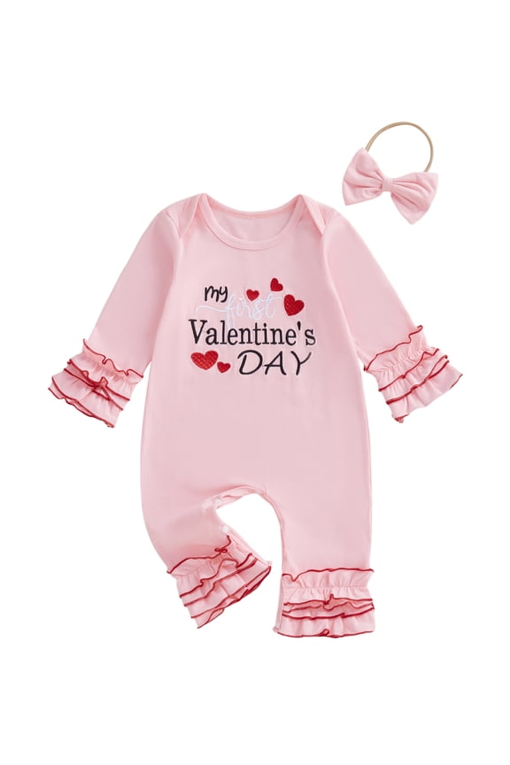 Newborn Baby Girl My First Valentines Day Outfit Ruffle Heart Romper Long Sleeve Jumpsuit Headband Cute Infant Spring Clothes