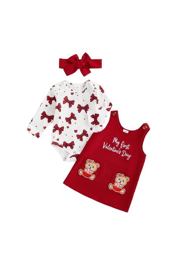 Newborn Baby Girl My First Valentines Day Outfit Bow Print Long Sleeve Romper Bear Embroidery Overall Skirt Headband Set Spring Clothes