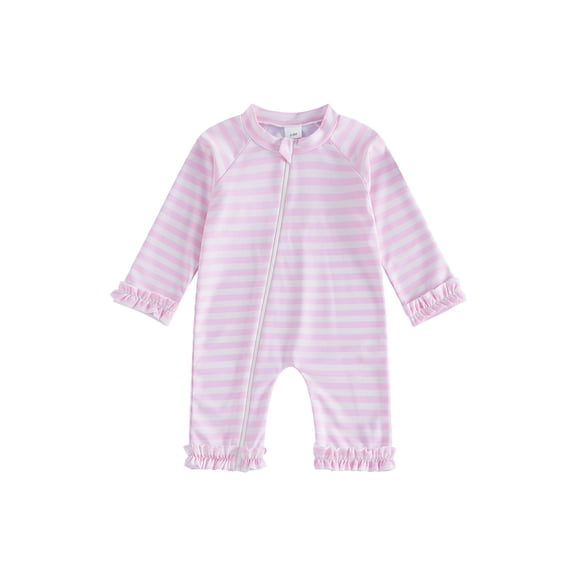 BemeyourBBs Newborn Baby Girl Pink One Piece Swimsuit Infant Girl Bathing Suit Flower Print Rash Guard Long Sleeve Zipper Ruffle Swimwear Summer Pool Beachwear