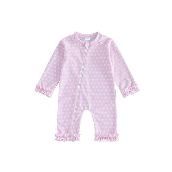 BemeyourBBs Newborn Baby Girl Pink One Piece Swimsuit Infant Girl Bathing Suit Flower Print Rash Guard Long Sleeve Zipper Ruffle Swimwear Summer Pool Beachwear