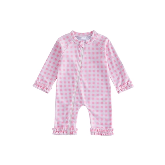 BemeyourBBs Newborn Baby Girl Pink One Piece Swimsuit Infant Girl Bathing Suit Flower Print Rash Guard Long Sleeve Zipper Ruffle Swimwear Summer Pool Beachwear