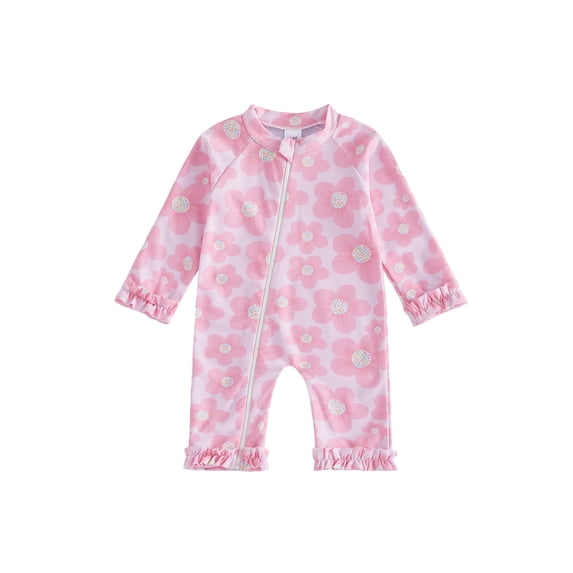 BemeyourBBs Newborn Baby Girl Pink One Piece Swimsuit Infant Girl Bathing Suit Flower Print Rash Guard Long Sleeve Zipper Ruffle Swimwear Summer Pool Beachwear