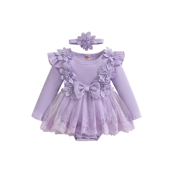 BemeyourBBs Newborn Baby Girl Romper Dress Floral Embroidery Lace Tulle Tutu Dress Long Sleeve Fairy Girls Birthday Princess Dresses Headband Infant Spring Summer Fall Clothes Photography Outfits