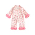 thumbnail image 1 of BemeyourBBs Newborn Baby Girl Silk Satin Pajamas Christmas Valentines Outfit Bow Print Romper Pjs Long Sleeve Feather Trim Button Down One-Piece Sleepwear Jumpsuit, 1 of 9