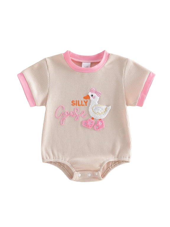 Newborn Baby Girl Silly Goose Outfit Infant Baby Girl Summer Clothes Waffled Bubble Romper Letter Goose Embroidery Short Sleeve Bodysuit Playsuit Jumpsuit