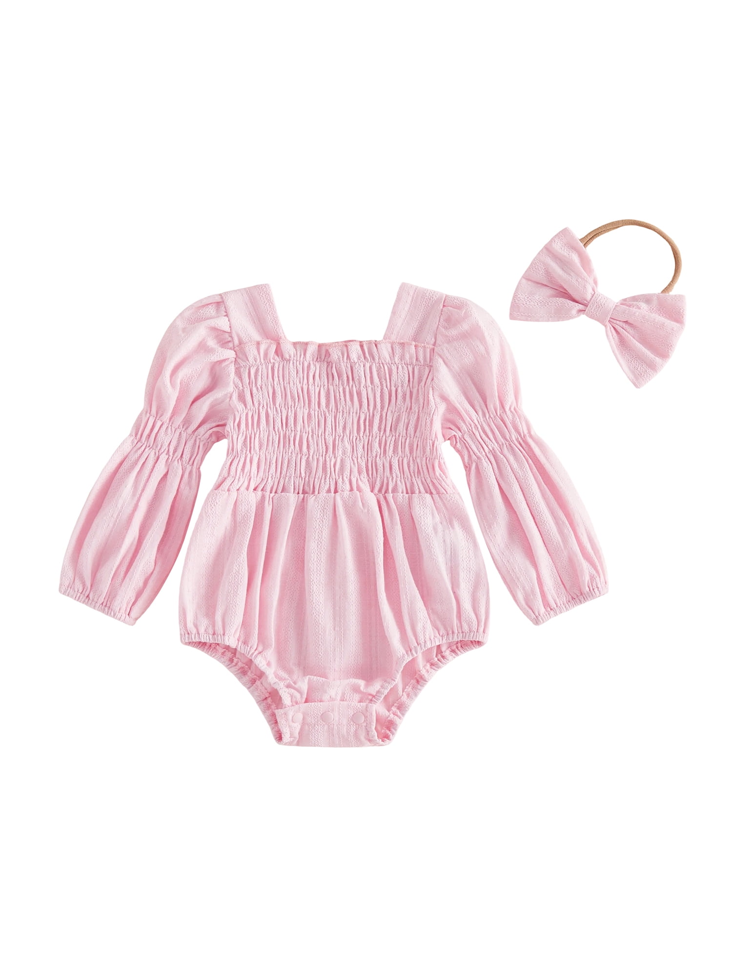 BemeyourBBs Newborn Baby Girl Smocked Romper Casual Long Sleeve Solid ...