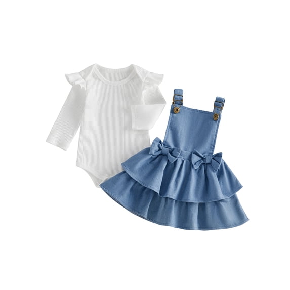 BemeyourBBs Newborn Baby Girl Spring Summer Clothes Denim Outfits Long Sleeve Rib Knit Romper with Bow Ruffle Jeans Suspender Skirt Dress Set