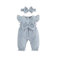 thumbnail image 1 of BemeyourBBs Newborn Baby Girl Spring Summer Fall Clothes Infant Baby Girl Waffled Romper One Piece Outfit Ruffled Flying Short Sleeve Front Bow Stripes Jumpsuit with Headband, 1 of 9
