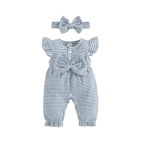 BemeyourBBs Newborn Baby Girl Spring Summer Fall Clothes Infant Baby Girl Waffled Romper One Piece Outfit Ruffled Flying Short Sleeve Front Bow Stripes Jumpsuit with Headband