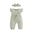 thumbnail image 1 of BemeyourBBs Newborn Baby Girl Spring Summer Fall Clothes Infant Baby Girl Waffled Romper One Piece Outfit Ruffled Flying Short Sleeve Front Bow Stripes Jumpsuit with Headband, 1 of 9