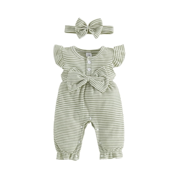 BemeyourBBs Newborn Baby Girl Spring Summer Fall Clothes Infant Baby Girl Waffled Romper One Piece Outfit Ruffled Flying Short Sleeve Front Bow Stripes Jumpsuit with Headband