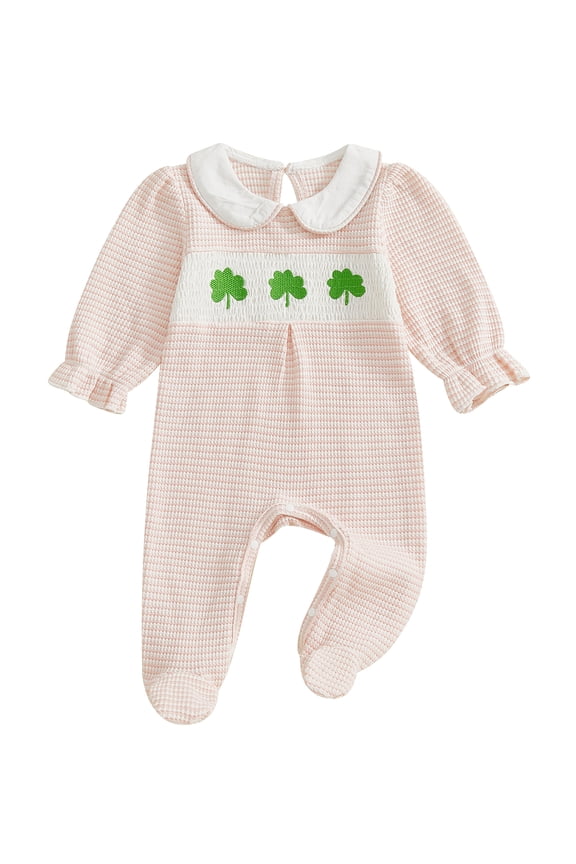 Newborn Baby Girl St Patricks Day Outfit Smocked Footed Rompers Spring Clothes Puff Long Sleeve Doll Collar Clover Embroidery Striped Footied Pajamas Jumpsuit