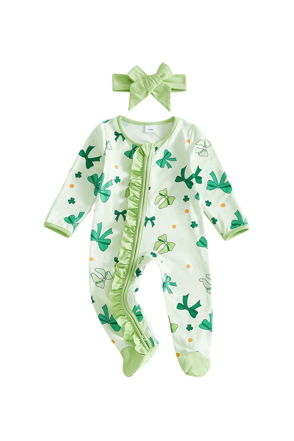 Newborn Baby Girl St Patricks Day Outfits Irish Spring Clothes Ruffle Footed Romper Shamrock Bow Print Long Sleeve Zip Footie Jumpsuit with Bow Headband