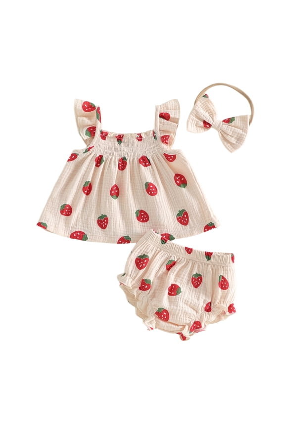 Newborn Baby Girl Strawberry Outfit Summer Clothes Flying Sleeve Babydoll Shirt Tops Ruffle Shorts and Headband 3 Piece Clothing Set