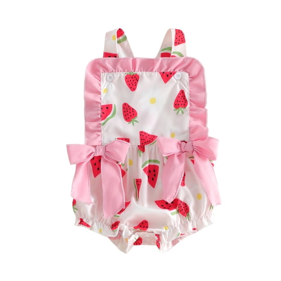 BemeyourBBs Newborn Baby Girl Summer Clothes 0 3 6 12 18 Months Infant Baby Girls Strawberry Outfit Bubble Romper Cute Strawberry Watermelon Print Sleeveless Front Bow Ruffled Bodysuit Jumpsuit