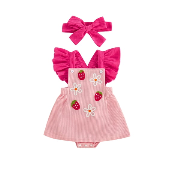BemeyourBBs Newborn Baby Girl Summer Clothes Bubble Romper Dress 0 3 6 12 18 Months Infant Baby Girls Strawberry Outfit Strawberry Flower Fly Sleeve Bodysuit with Bowknot Hairband