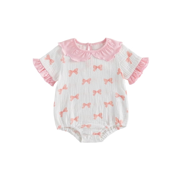 BemeyourBBs Newborn Baby Girl Summer Clothes Bubble Romper Infant Baby Girls Fruit Outfit Short Sleeve Doll Collar Cute Fruits Bow Print Ruffle Trim Decor Bodysuit Jumpsuit Playsuit