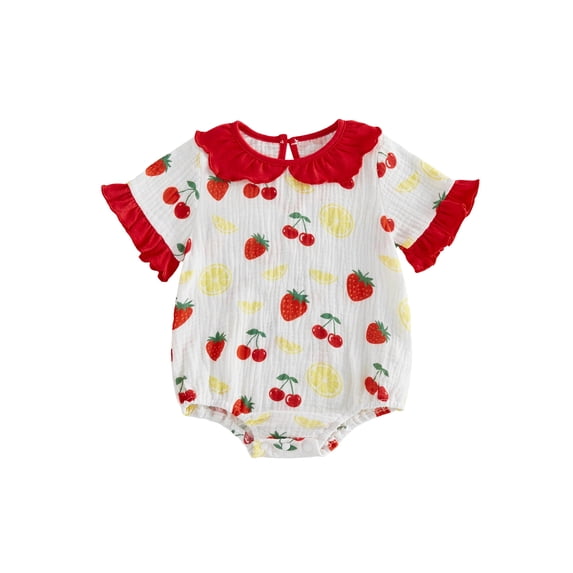 BemeyourBBs Newborn Baby Girl Summer Clothes Bubble Romper Infant Baby Girls Fruit Outfit Short Sleeve Doll Collar Cute Fruits Bow Print Ruffle Trim Decor Bodysuit Jumpsuit Playsuit