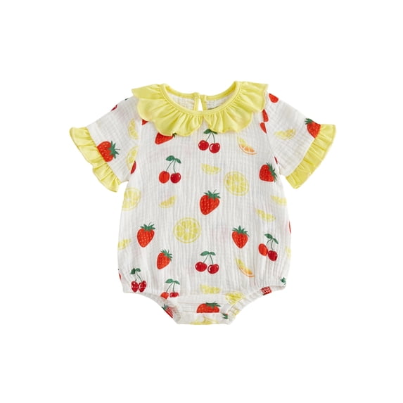 BemeyourBBs Newborn Baby Girl Summer Clothes Bubble Romper Infant Baby Girls Fruit Outfit Short Sleeve Doll Collar Cute Fruits Bow Print Ruffle Trim Decor Bodysuit Jumpsuit Playsuit